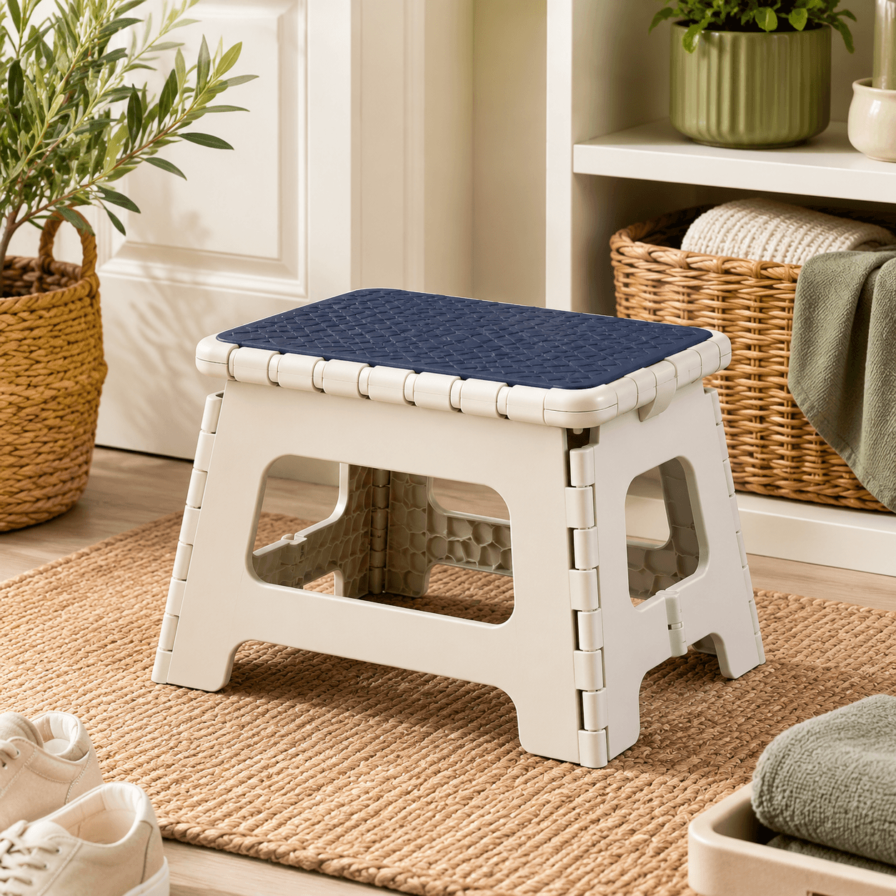 Compact Step Stool — A folding stool that reaches the top shelf, then folds flat.