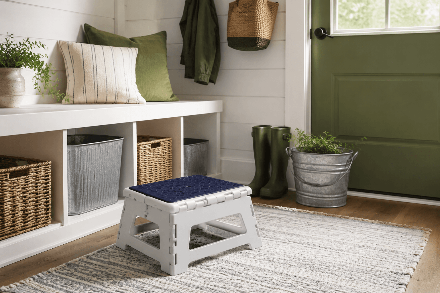 Compact Step Stool styled in a home entryway