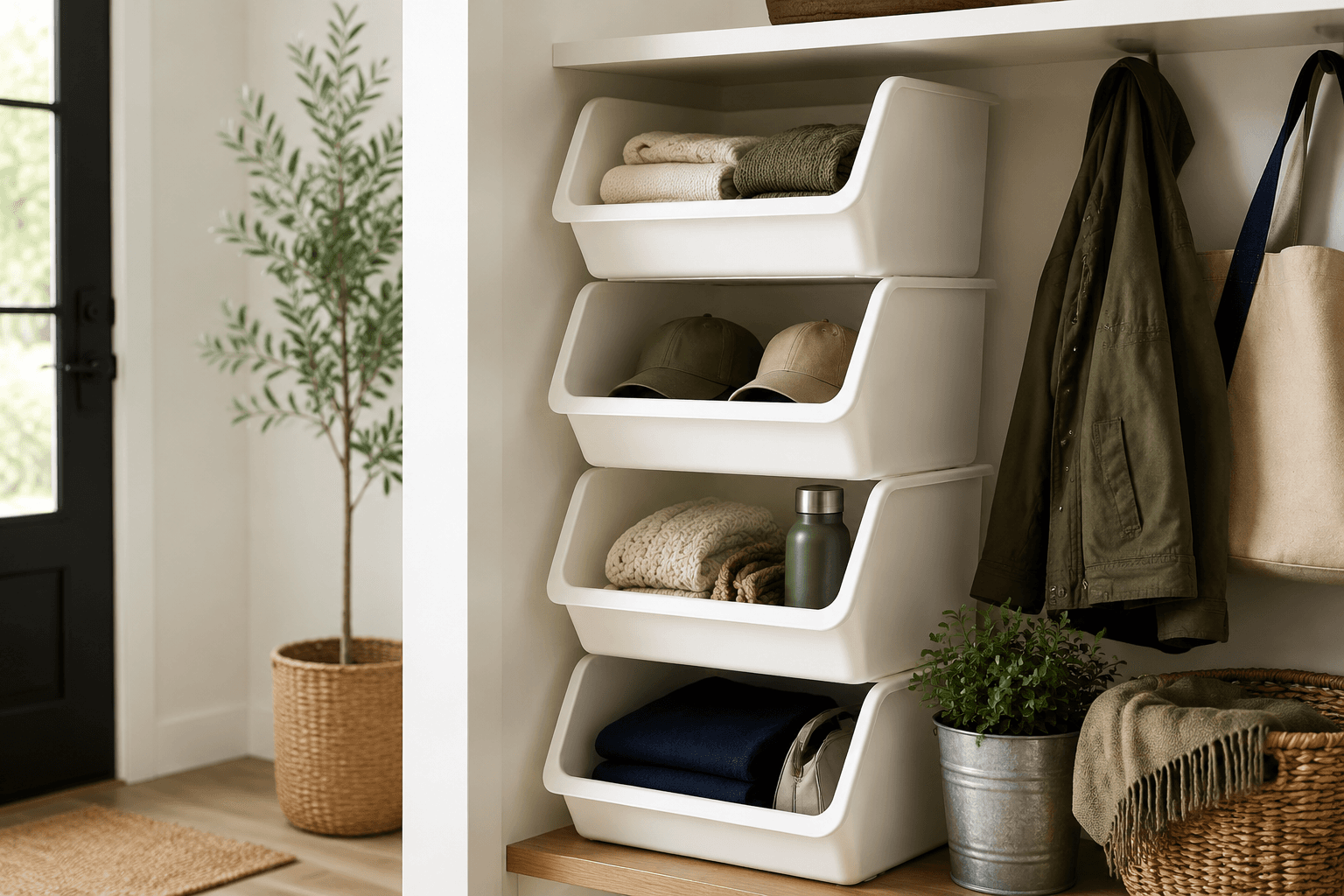Stacking Utility Bins (Set of 4) styled in a home entryway