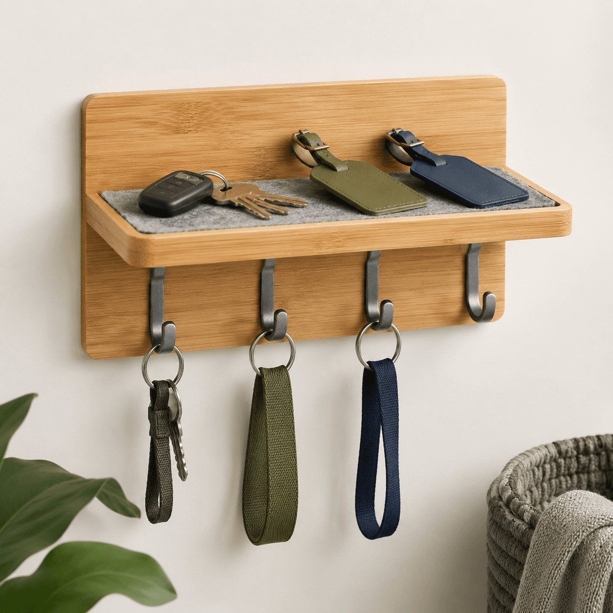 Travel Tag Station — A tray and hook board for tags, keys and grab-and-go items.
