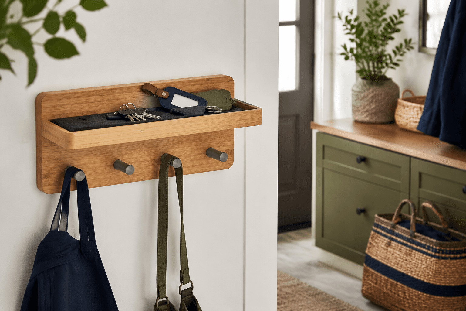 Travel Tag Station styled in a home entryway