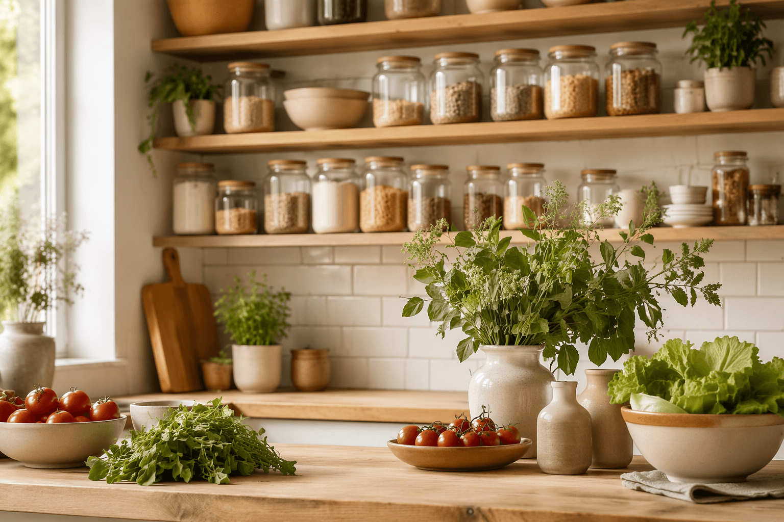 A bright kitchen with neatly organised storage jars on open shelves