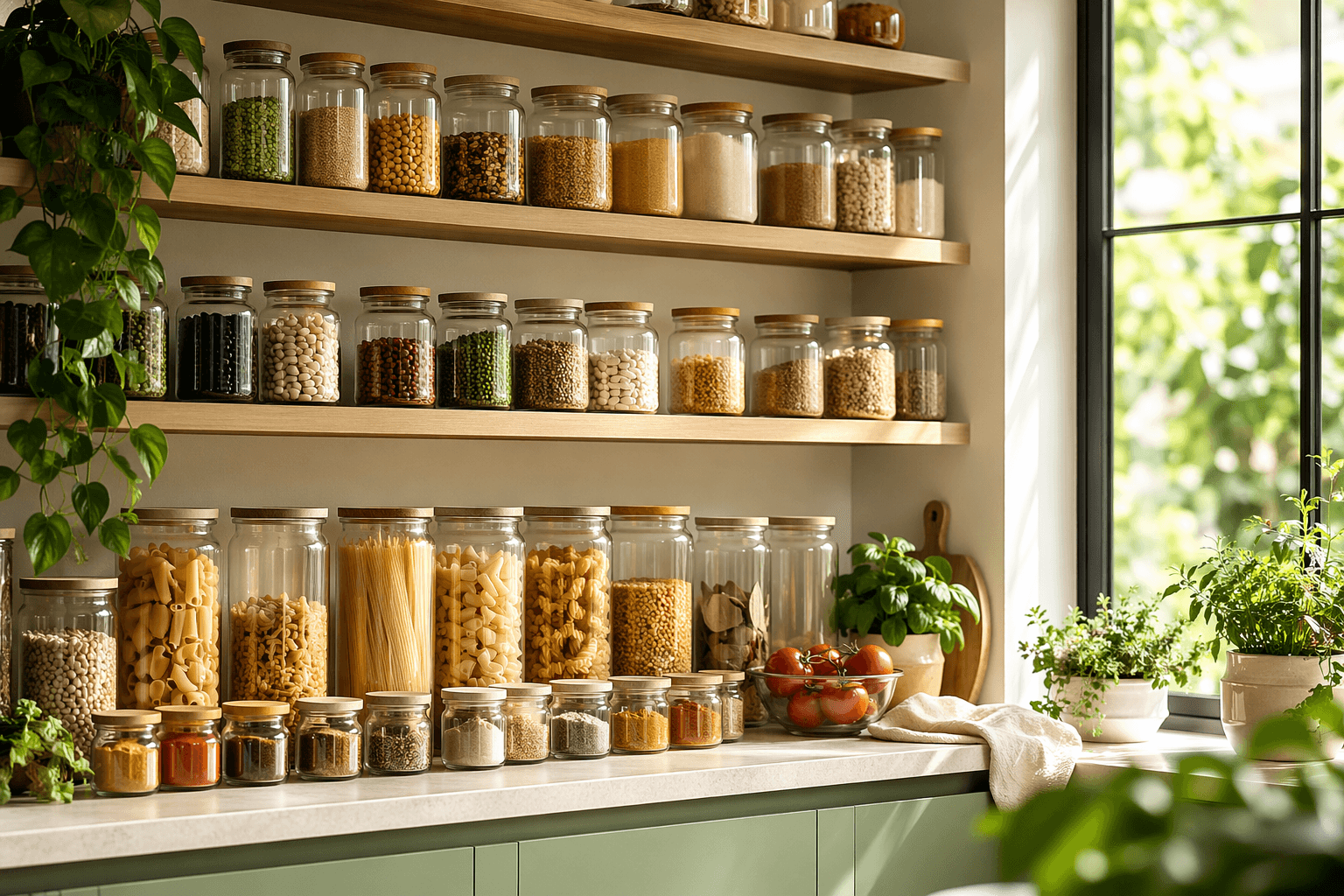 A pantry shelf of clear airtight jars filled with grains and spices in a bright kitchen