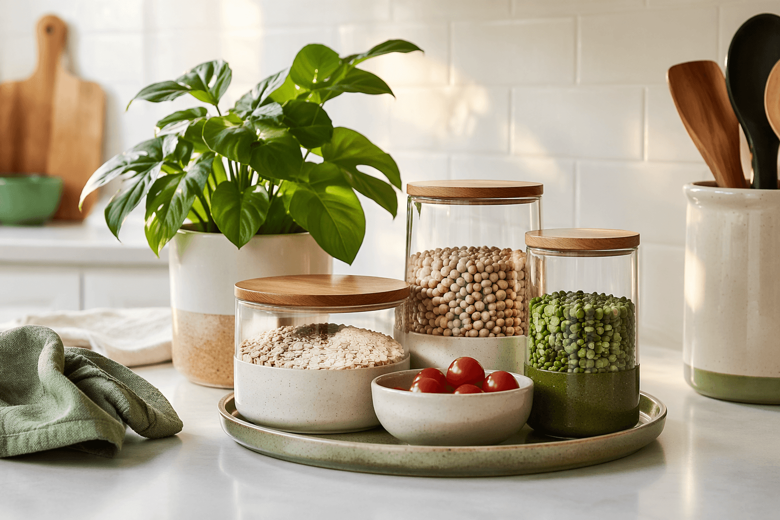 A tidy kitchen counter styled with storage jars